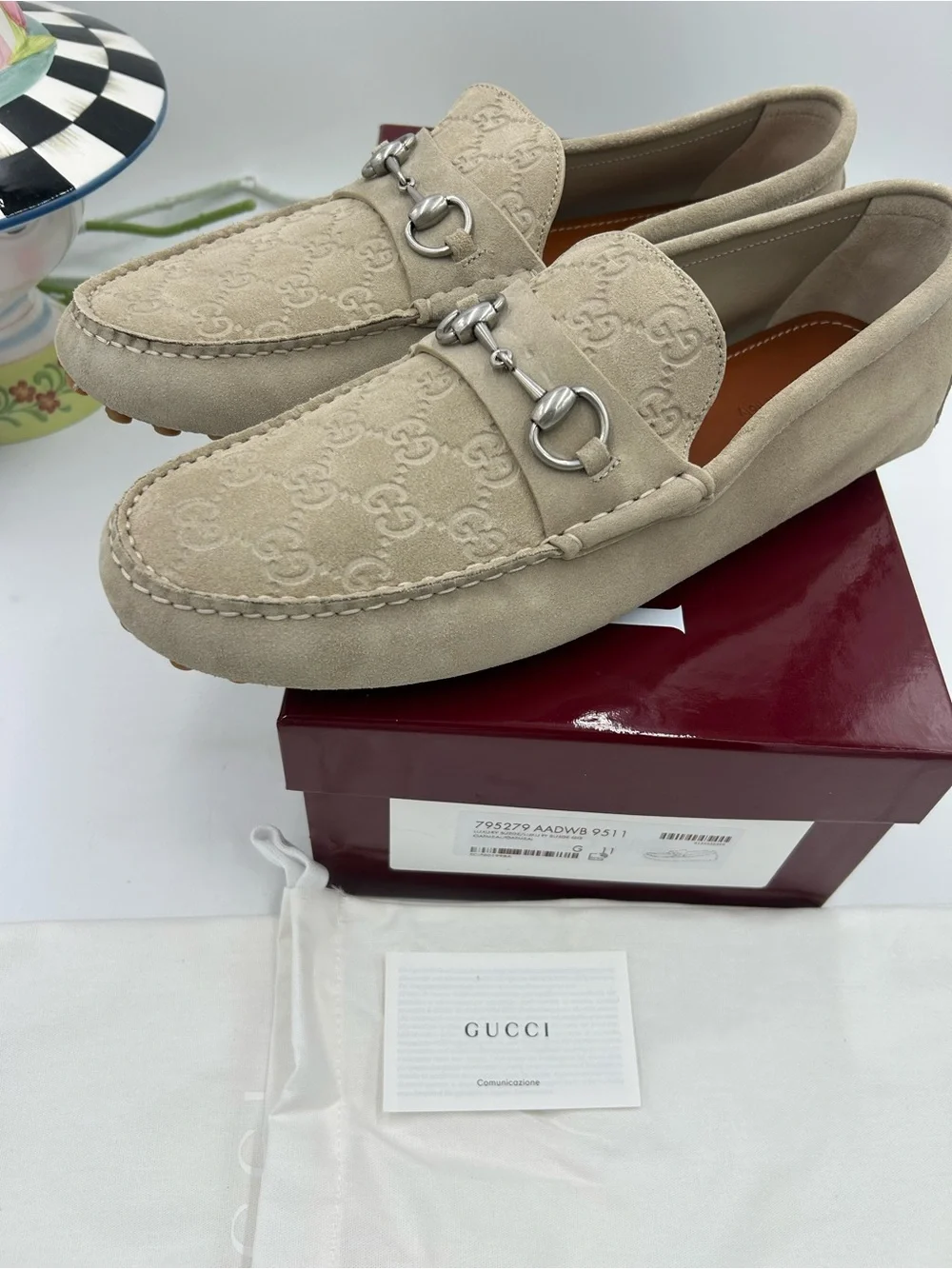 Men's Gucci GG embossed oatmeal suede driver loafers size 11 fits 12 US